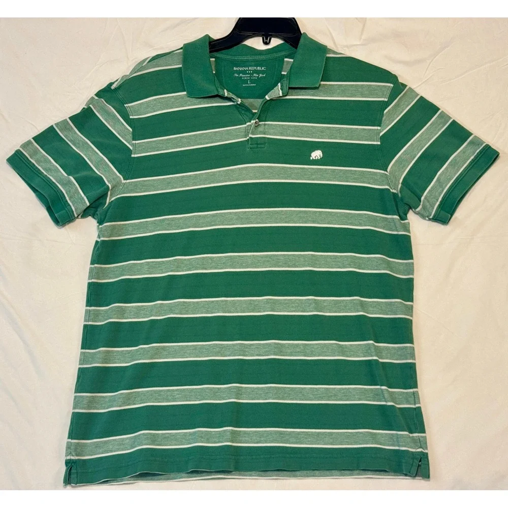 Banana Republic Mens Green White Striped Cotton Polo Shirt Elephant Logo Large